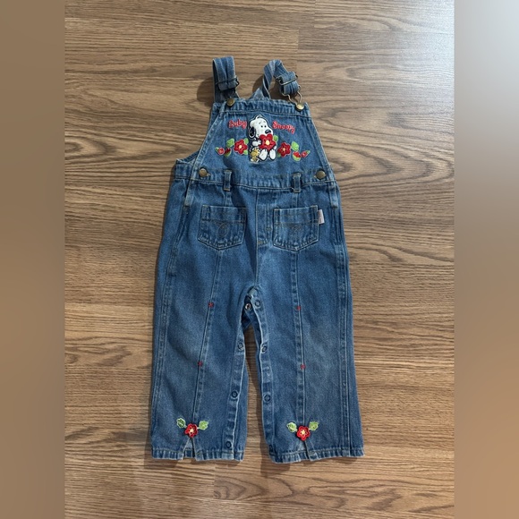 baby snoopy Other - Vintage Kids Blue Denim Overalls with Baby Snoopy Embroidery